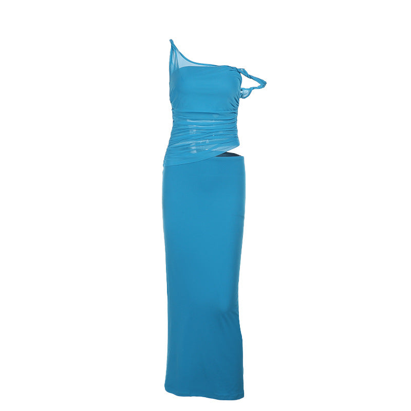 Crossbody Twisted Mesh Stitching Dress Summer Solid Color Women Clothing