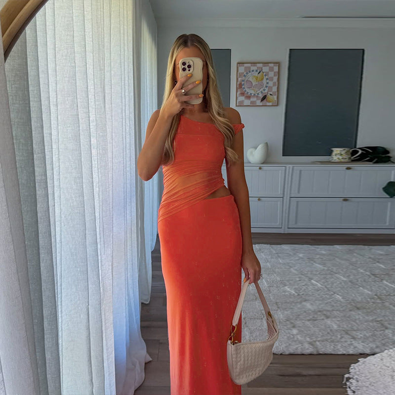 Crossbody Twisted Mesh Stitching Dress Summer Solid Color Women Clothing