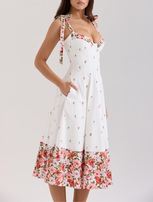 Elegant Sweet Dress Women Summer Printed Lace up Waist Tight Design Cami Dress