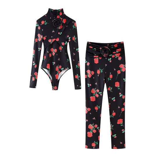 Women Clothing Summer Sexy Printed round Neck Long Sleeve Jumpsuit Tights Set Women