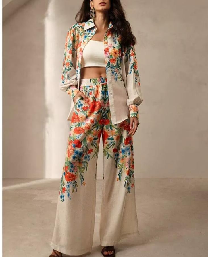 Casual Floral Print Women Shirts Pants Suit Holiday Suit