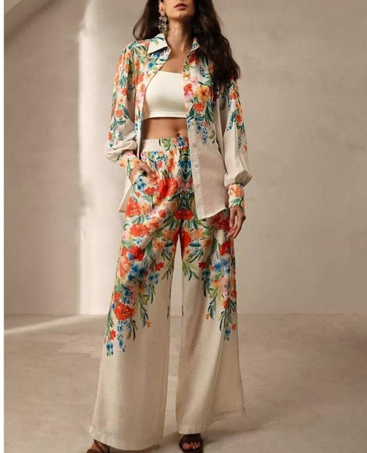 Casual Floral Print Women Shirts Pants Suit Holiday Suit