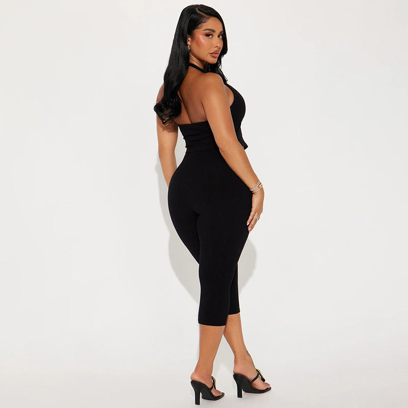 Women Spring Summer Metal Buckle Hollow Out Cutout out Halter Rope Bare Back Low Waist Hip Wrapped Set
