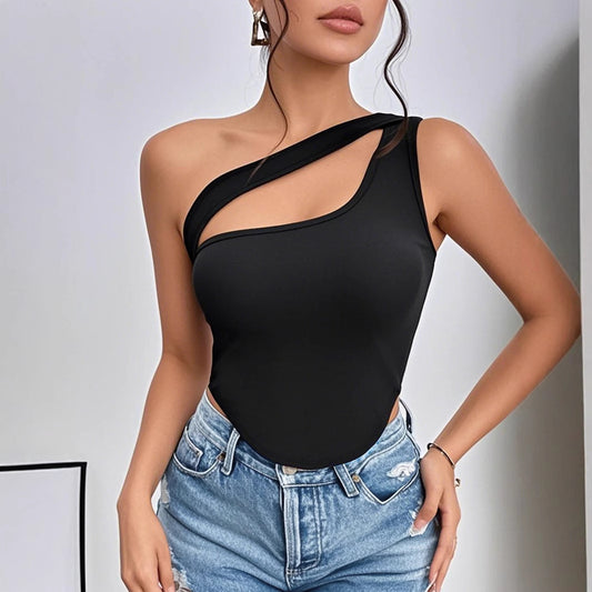 Women Clothing Summer Slim Fit Short Irregular Asymmetric Shoulder High Grade Vest T shirt