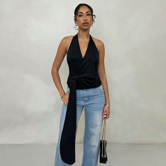 Women Clothing Summer Chic Halter Backless Small Sling Deep V Plunge Chic Top