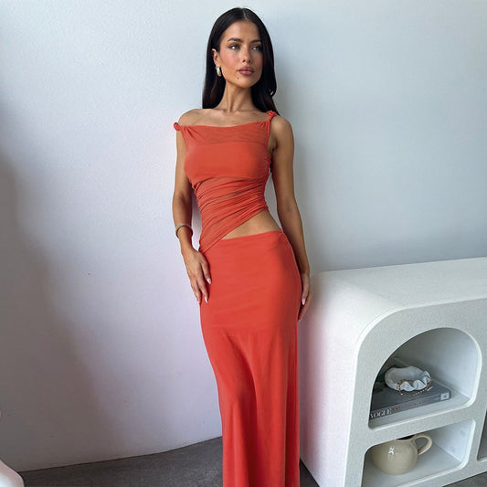 Crossbody Twisted Mesh Stitching Dress Summer Solid Color Women Clothing