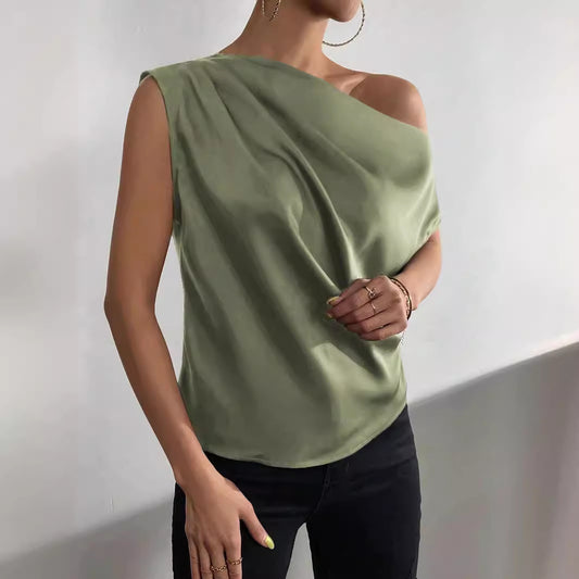 Women Clothing Summer Oblique Collar Pleated One Shoulder Asymmetric Vest