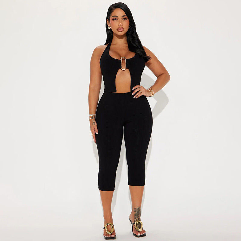 Women Spring Summer Metal Buckle Hollow Out Cutout out Halter Rope Bare Back Low Waist Hip Wrapped Set