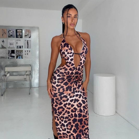 Arrival Women Sexy Leopard Print Lace up Backless High Waist Slit Dress