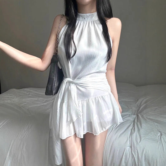Gentle Girlish Halter round Neck Sleeveless Dress Waist Controlled Lace up Short Double Layer Flounced