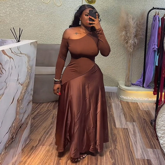 Women Clothing Summer Sweet Fresh Diagonal Collar off Shoulder High Waist Slimming A line Dress