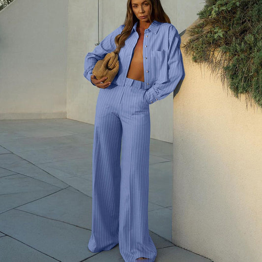 Women Clothing Striped Collared Long Sleeve Short Shirt Loose Wide Leg Pants Two Piece Set